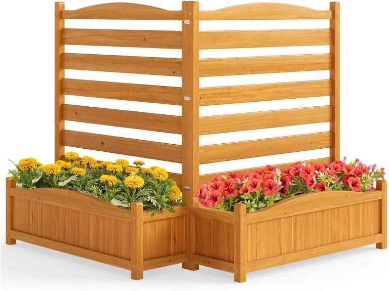 HOMASIS 2 Blumenkästen mit Gartenzaun, Holz Pflanzkasten mit Sichtschutz, Hochbeet mit Spalier & Abluflöchern, DIY modulare Pflanzkübel mit Gartenspalier für Garten Balkon Terrasse (2 Zäune) – Bild 1