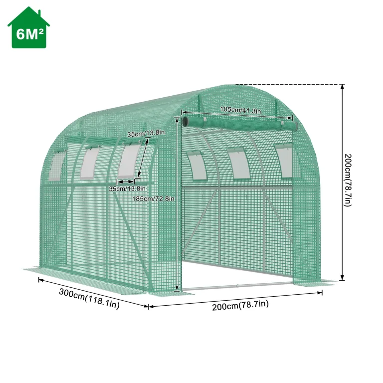 XMTECH Gewächshaus 3x2 m (6 m²) – Garten Foliengewächshaus mit 6 Fenstern, UV-beständig, verzinkter Stahlrahmen, Moskitonetz, ideal für Gemüse, Tomaten, Blumen, Tomatenhaus, grün – Bild 2