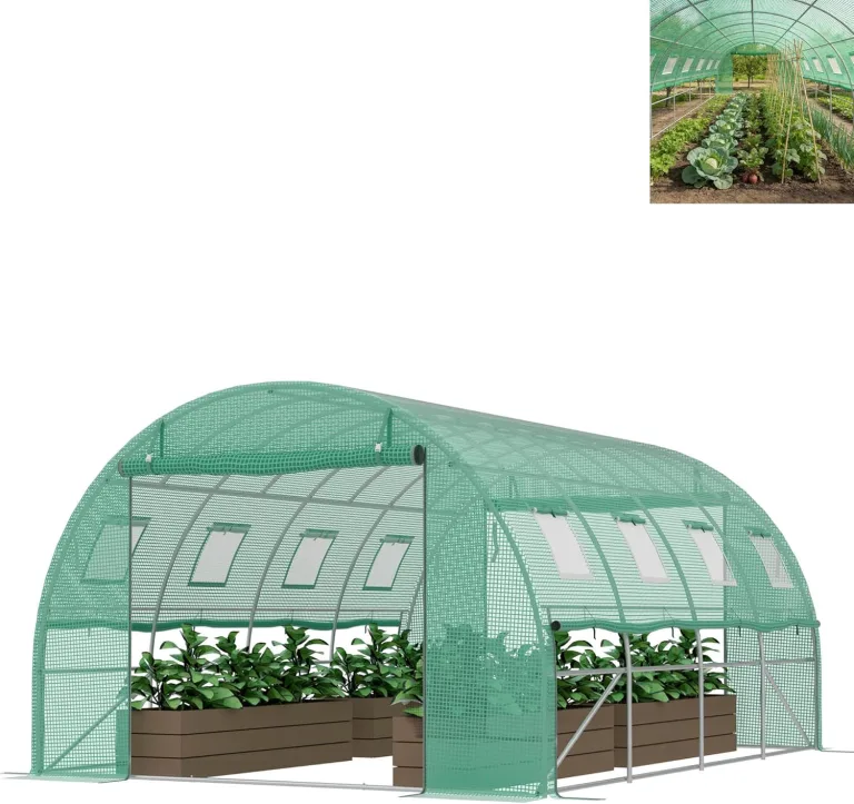 Foliengewächshaus 4x3x2m, verzinktem Stahl Gewächshaus, aufrollbare Seitenwände mit Moskitonetz, 8 Fenster & 2 Tür inkl. inkl. Erdanker & Seile, Grün – Bild 1