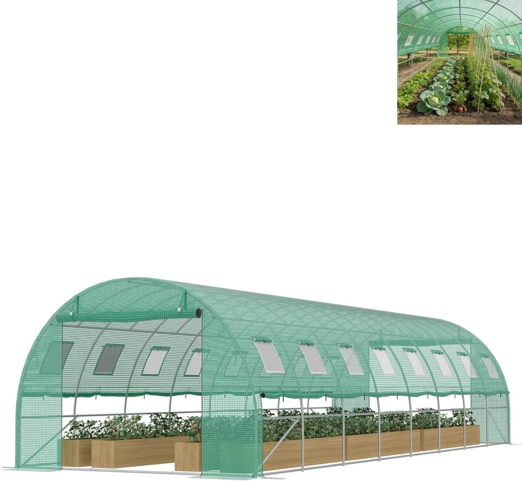 Foliengewächshaus 8x3x2m, verzinktem Stahl Gewächshaus, aufrollbare Seitenwände mit Moskitonetz, 16 Fenster & 2 Tür inkl. inkl. Erdanker & Seile, Grün