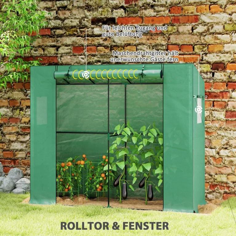 Outsunny Gewächshaus mit Rolltür 2 Fenster, Winterfest Foliengewächshaus aus Stahl, Treibhaus für Balkon, Garten, Tomatenhaus mit UV Schutz 200x76x170cm Tomatengewächshaus für Gemüse Blumen, Grün – Bild 5