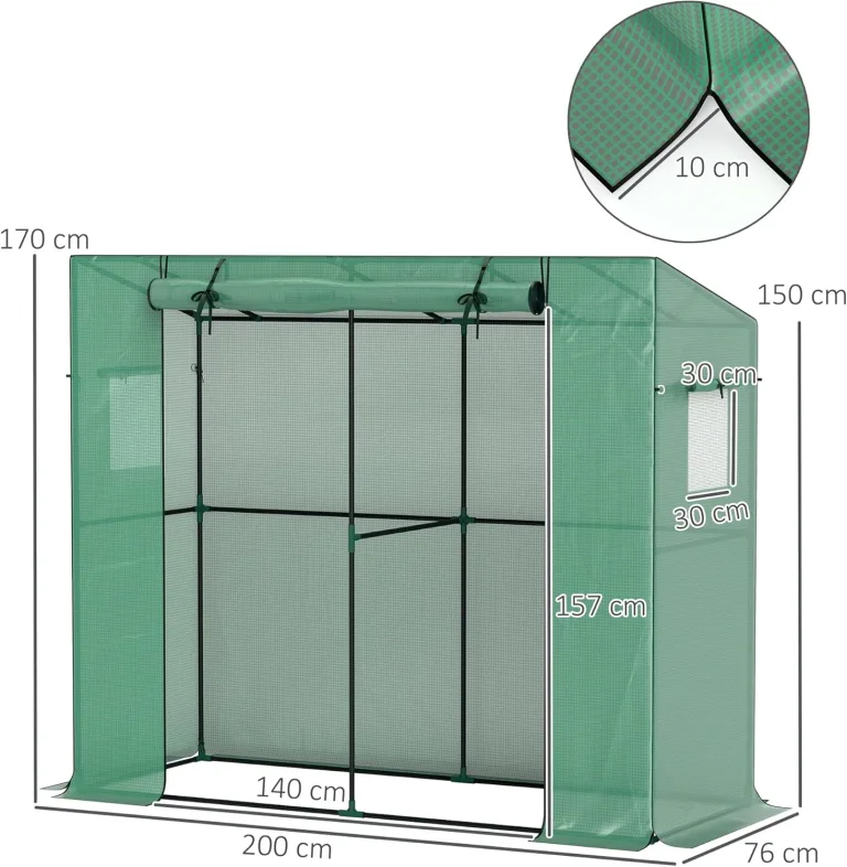 Outsunny Gewächshaus mit Rolltür 2 Fenster, Winterfest Foliengewächshaus aus Stahl, Treibhaus für Balkon, Garten, Tomatenhaus mit UV Schutz 200x76x170cm Tomatengewächshaus für Gemüse Blumen, Grün – Bild 7