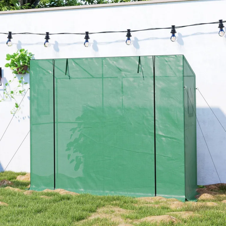 Outsunny Gewächshaus mit Rolltür 2 Fenster, Winterfest Foliengewächshaus aus Stahl, Treibhaus für Balkon, Garten, Tomatenhaus mit UV Schutz 200x76x170cm Tomatengewächshaus für Gemüse Blumen, Grün – Bild 8
