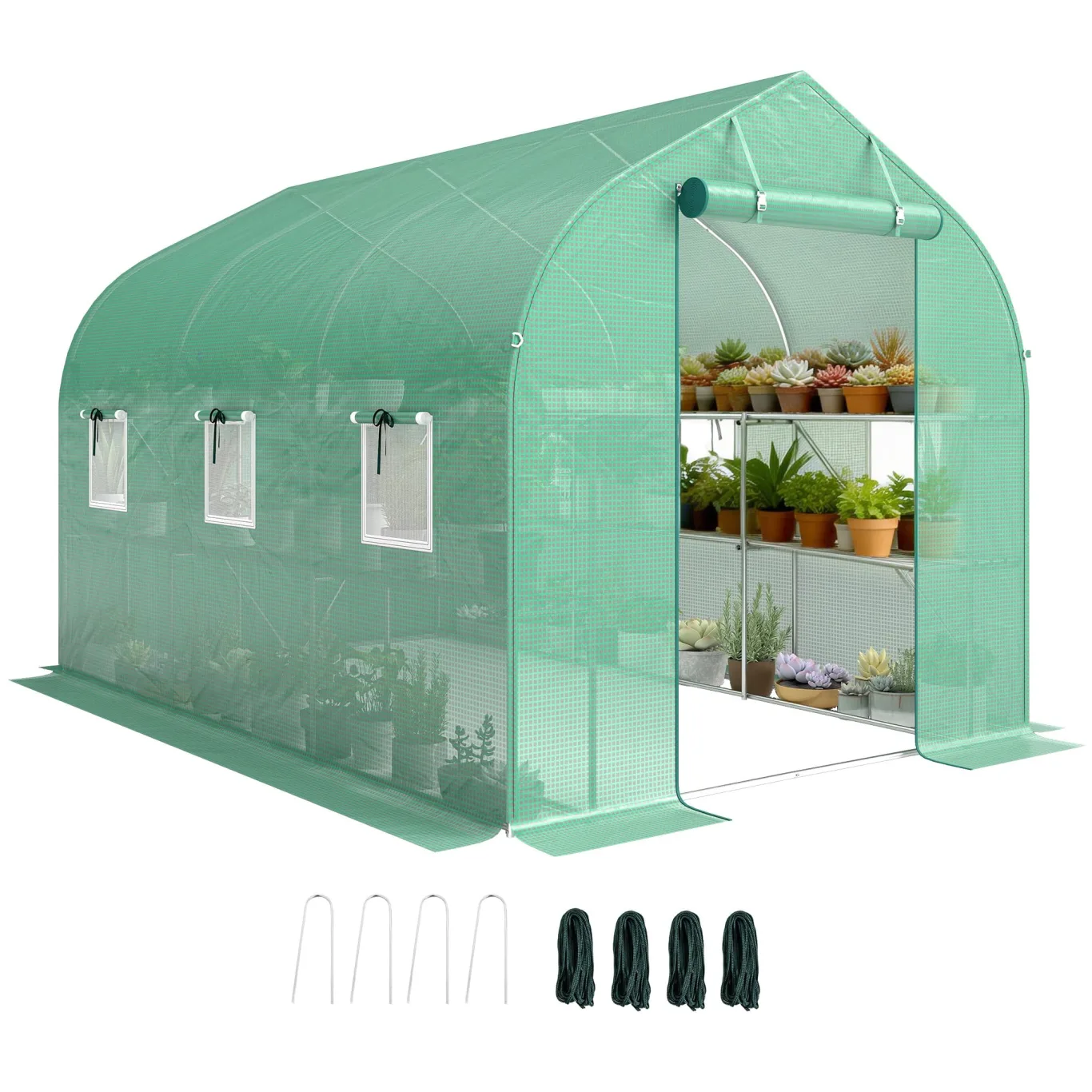 Outsunny Garten-Tunnelgewächshaus 6 m², Gartengewächshaus mit Regalen, 198 x 293 x 194 cm, verzinkter Stahlrahmen, Tür und 6 Fenster, für den Außenbereich, für alle Jahreszeiten, hochdichte PE-Plane - Bild 1
