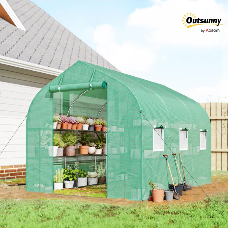 Outsunny Garten-Tunnelgewächshaus 6 m², Gartengewächshaus mit Regalen, 198 x 293 x 194 cm, verzinkter Stahlrahmen, Tür und 6 Fenster, für den Außenbereich, für alle Jahreszeiten, hochdichte PE-Plane – Bild 2