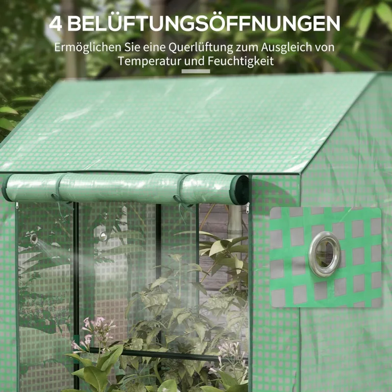 Outsunny Gewächshaus mit PE-Gitterfolie, Aufrollbare Tür Winterfest Foliengewächshaus aus Stahl, Treibhaus für Balkon, Garten, Tomatenhaus 100 x 80 x 150, Tomatengewächshaus für Tomaten Blumen, Grün – Bild 7
