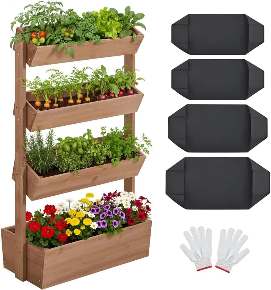 Yaheetech Vertikal Hochbeet mit 4 Etagen, 84,5×45×140,5 cm Pflanzbeet mit Entwässerungslöcher & Pflanzvlies, Tannenholz Wetterfest, Frühbeet Gartenbeet Kräutertreppe für Garten Balkon, Dunkelbraun