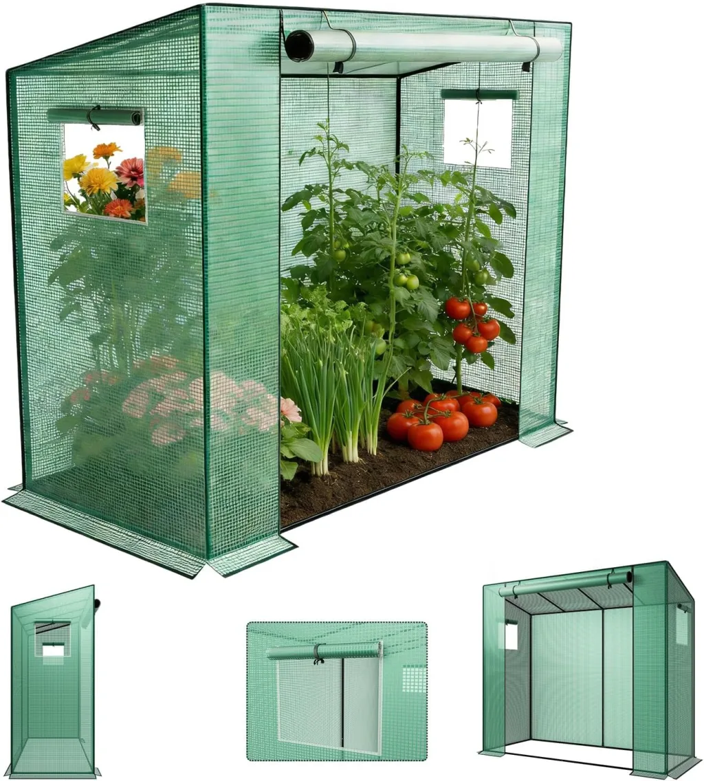 Garten Gewächshaus Foliengewächshaus Tomatengewächshaus begehbar 200x80x150 cm, schräges Dach Pflanzenhaus mit PE-Gitterfolie, Tomatenhaus Überwinterungszelt Mehrzwecktreibhaus Plane, Grün