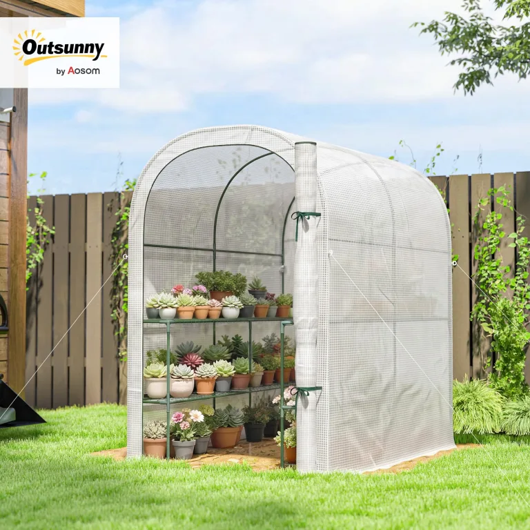 Outsunny Gewächshaus mit Regalen, 123 x 187 x 189 cm, kleines Gewächshaus mit aufrollbarer Tür, Polyethylen-Plane mit hoher Dichte 140 g/m², verlängert um 10 cm, Weiß – Bild 2