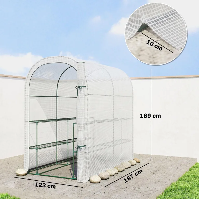 Outsunny Gewächshaus mit Regalen, 123 x 187 x 189 cm, kleines Gewächshaus mit aufrollbarer Tür, Polyethylen-Plane mit hoher Dichte 140 g/m², verlängert um 10 cm, Weiß – Bild 7