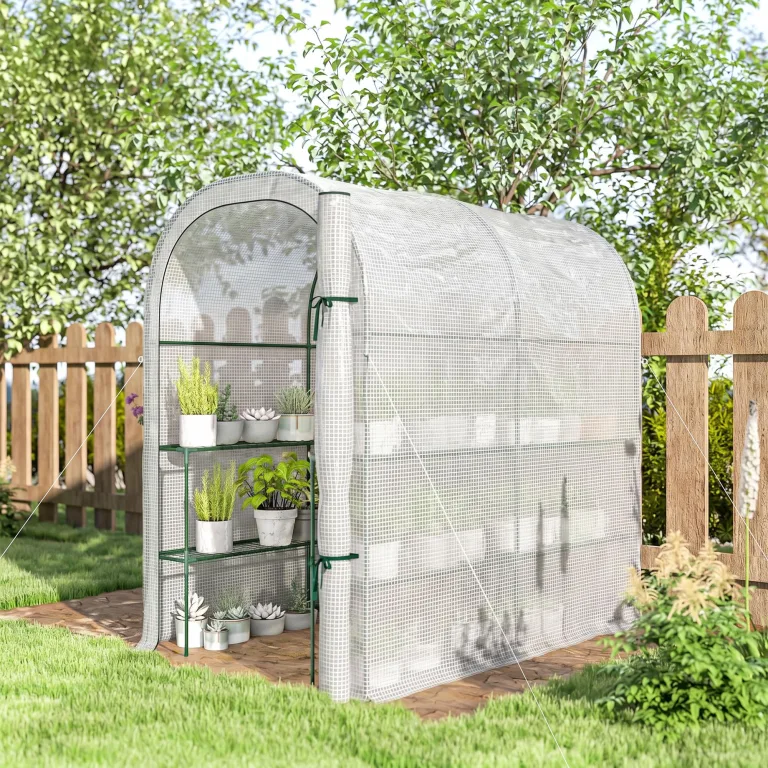 Outsunny Gewächshaus mit Regalen, 123 x 187 x 189 cm, kleines Gewächshaus mit aufrollbarer Tür, Polyethylen-Plane mit hoher Dichte 140 g/m², verlängert um 10 cm, Weiß – Bild 8