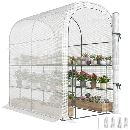 Outsunny Gewächshaus mit Regalen, 123 x 187 x 189 cm, kleines Gewächshaus mit aufrollbarer Tür, Polyethylen-Plane mit hoher Dichte 140 g/m², verlängert um 10 cm, Weiß – Bild 10