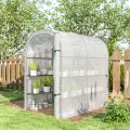 Outsunny Gewächshaus mit Regalen, 123 x 187 x 189 cm, kleines Gewächshaus mit aufrollbarer Tür, Polyethylen-Plane mit hoher Dichte 140 g/m², verlängert um 10 cm, Weiß - Thumbnail 8
