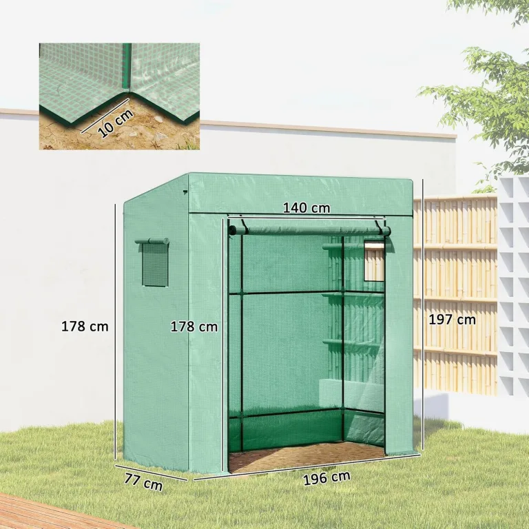 Outsunny Tomatengewächshaus Foliengewächshaus mit Rolltor Netzfenster Schrägdach 196 x 77 x 197 cm Stabil Gewächshaus mit PE-Folie Erdhaken Tomatenhaus Treibhaus für Garten, Balkon, Terrasse Grün – Bild 7
