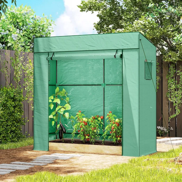 Outsunny Tomatengewächshaus Foliengewächshaus mit Rolltor Netzfenster Schrägdach 196 x 77 x 197 cm Stabil Gewächshaus mit PE-Folie Erdhaken Tomatenhaus Treibhaus für Garten, Balkon, Terrasse Grün – Bild 8
