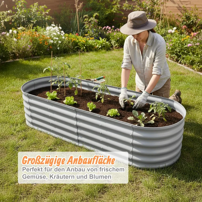 Relaxdays Hochbeet, verzinktes Metall, für Blumen, Pflanzen & Gemüse, HBT: 45x200x60 cm, ovales Pflanzenbeet, hellgrau – Bild 3