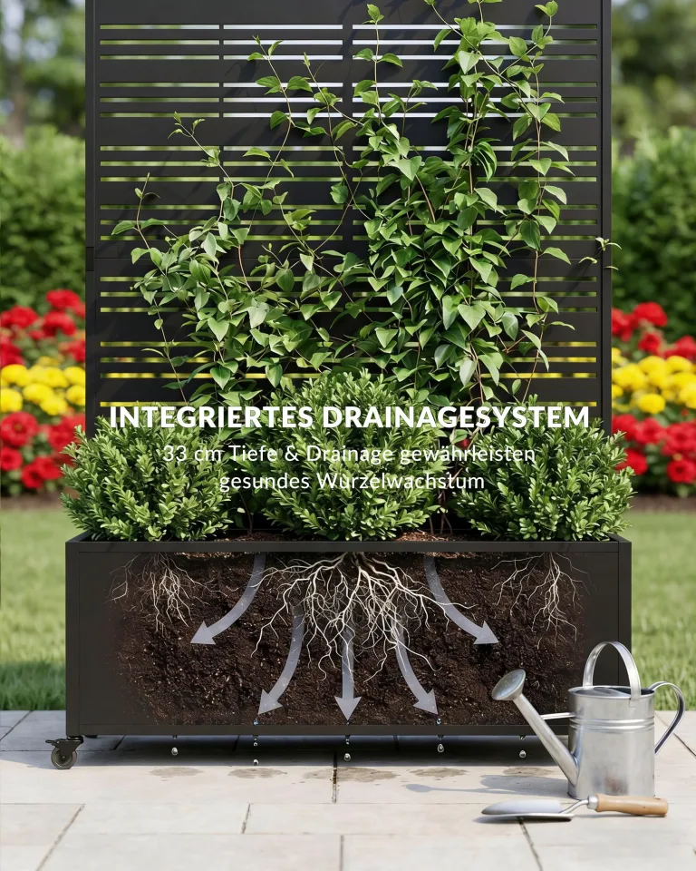 Hochbeet mit Sichtschutz, Metall Pflanzkasten mit Rankgitter und Rollen, freistehender Pflanzkübel 33cm tief, wetterfest für Blumen und Kletterpflanzen - Ideal für Garten, Balkon und Terrasse – Bild 7