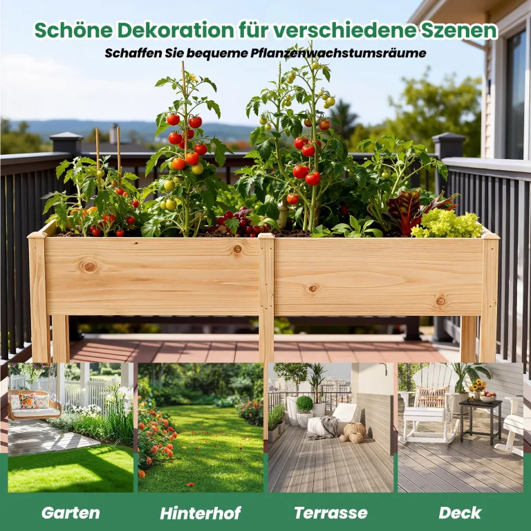SUNYRISY Dual Hochbeet Holz für Balkon und Garten, 180x60x80cm Pflanzkasten Blumenkasten Kräuterbeet Tannenholz Pflanzbeet Blumenbeet Hochbeet-Kit für Garten Balkon Terrasse, Holzfarbe – Bild 5
