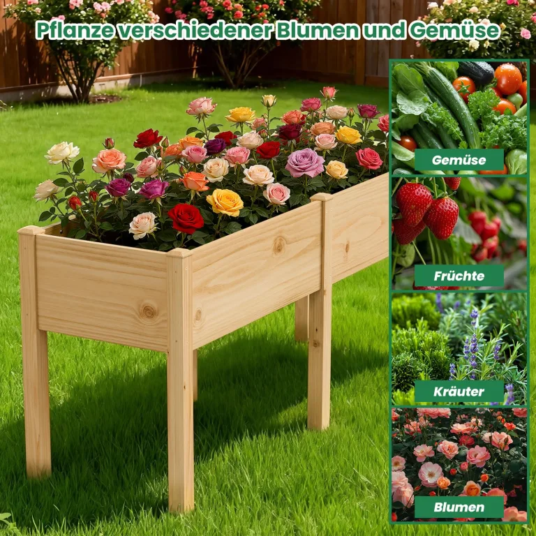 SUNYRISY Dual Hochbeet Holz für Balkon und Garten, 180x60x80cm Pflanzkasten Blumenkasten Kräuterbeet Tannenholz Pflanzbeet Blumenbeet Hochbeet-Kit für Garten Balkon Terrasse, Holzfarbe – Bild 7