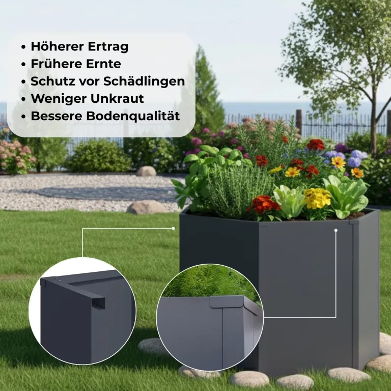 Hochbeet Hexagon Pflanzbeet | Kräuter- und Gemüsebeet Metall verzinkt | 500 Liter Volumen 99,5 x 99,5 x 77 cm (B x T x H) Anthrazit sechseckig – Bild 4