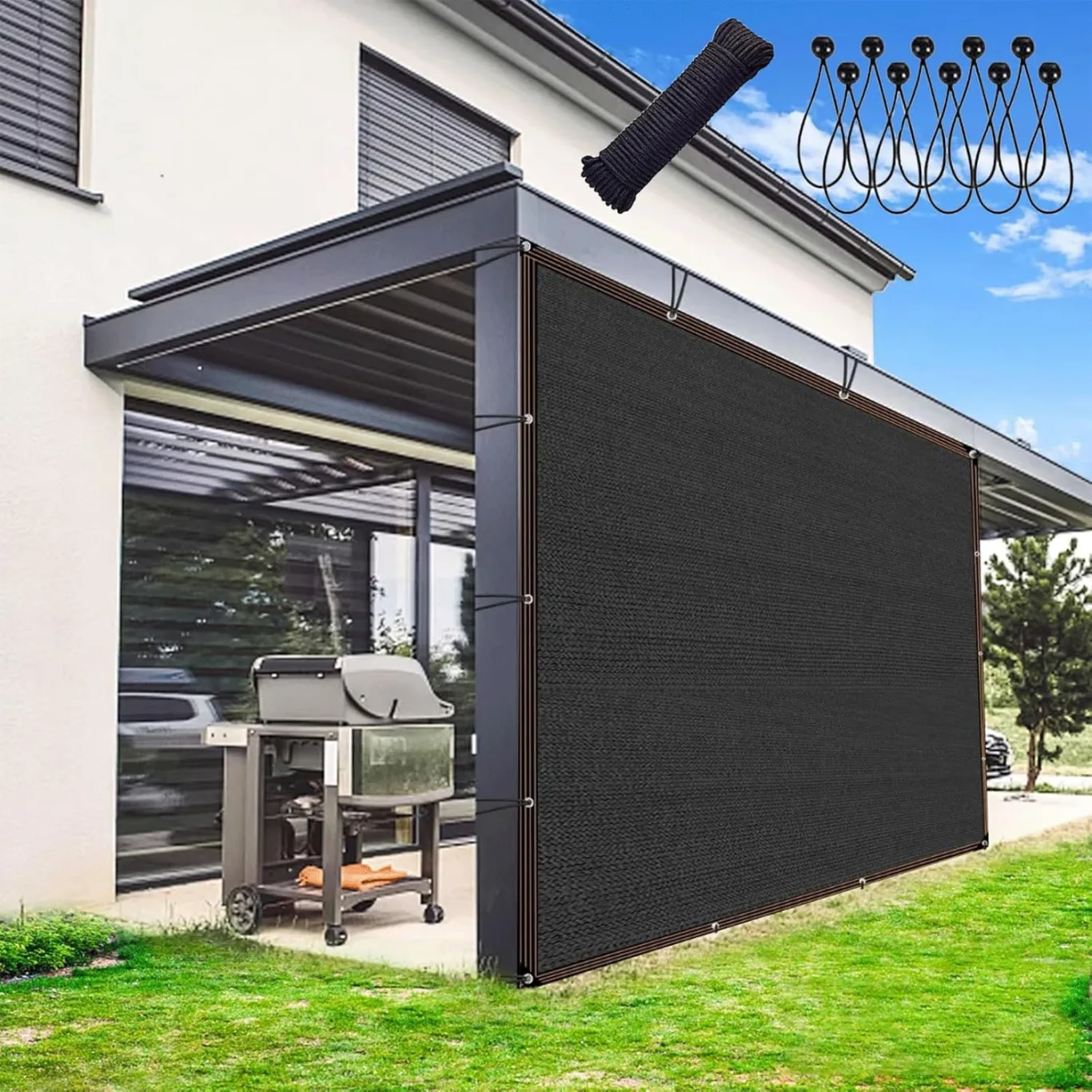 Strapazierfähiges, schwarzes Sonnenschutztuch, 2,4 x 7,6 m, reißfestes Netzgewebe für Veranda, Pool, Gewächshaus, Muldenkipper, vielseitige Plane mit Ösen für den Außenbereich - Bild 1