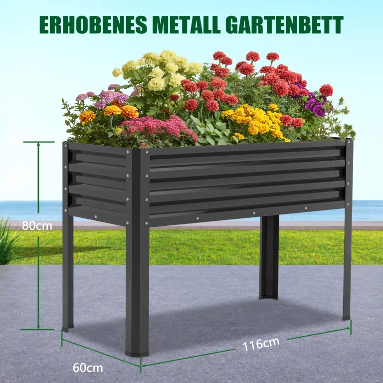 SUNYRISY Hochbeet Metall für Balkon und Garten, 116x60x80cm Verzinkter Stahl Pflanzkasten Blumenkasten Kräuterbeet Pflanzbeet Blumenbeet Hochbeet-Kit für Garten Balkon Terrasse, Schwarz – Bild 4