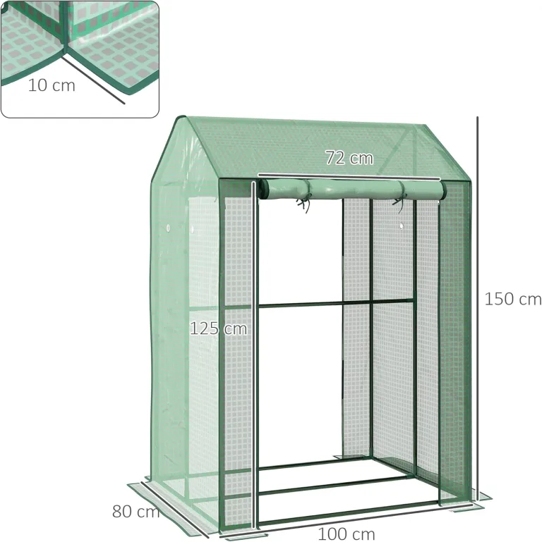 Outsunny Gewächshaus mit PE-Gitterfolie, Aufrollbare Tür Winterfest Foliengewächshaus aus Stahl, Treibhaus für Balkon, Garten, Tomatenhaus 100 x 80 x 150, Tomatengewächshaus für Tomaten Blumen, Grün – Bild 7