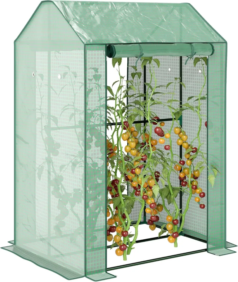 Outsunny Gewächshaus mit PE-Gitterfolie, Aufrollbare Tür Winterfest Foliengewächshaus aus Stahl, Treibhaus für Balkon, Garten, Tomatenhaus 100 x 80 x 150, Tomatengewächshaus für Tomaten Blumen, Grün – Bild 1