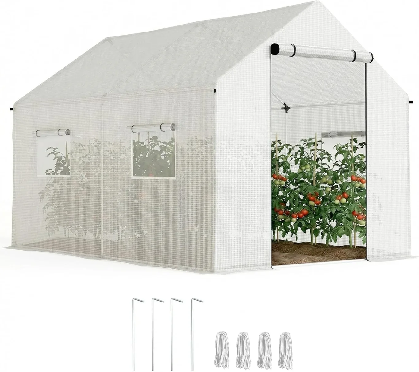 Outsunny Gewächshaus 3 x 2 x 2 m Foliengewächshaus mit Breiter Rollbar Reißverschlusstür, Moskitonetz, Spitzdach 4 Fenster, UV-beständiger Folientunnel, Winterfest Tomatenhaus mit Erdanker, Weiß - Bild 1