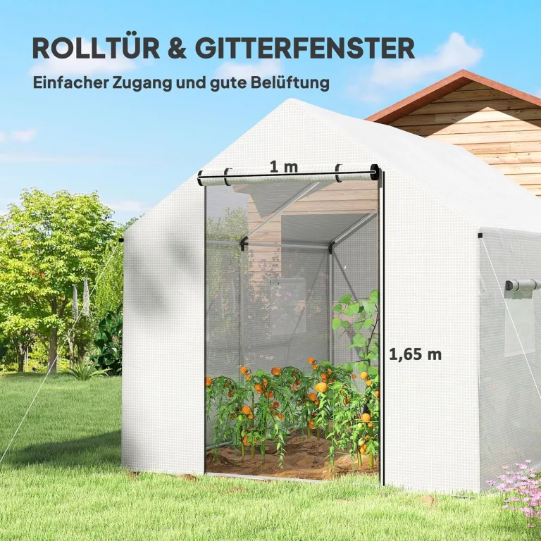 Outsunny Gewächshaus 3 x 2 x 2 m Foliengewächshaus mit Breiter Rollbar Reißverschlusstür, Moskitonetz, Spitzdach 4 Fenster, UV-beständiger Folientunnel, Winterfest Tomatenhaus mit Erdanker, Weiß – Bild 4