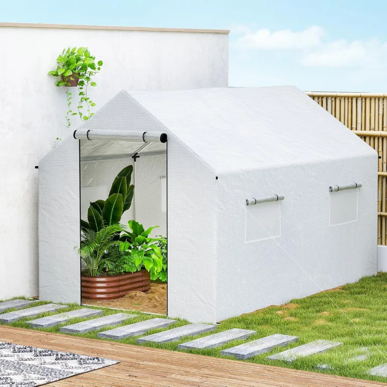 Outsunny Gewächshaus 3 x 2 x 2 m Foliengewächshaus mit Breiter Rollbar Reißverschlusstür, Moskitonetz, Spitzdach 4 Fenster, UV-beständiger Folientunnel, Winterfest Tomatenhaus mit Erdanker, Weiß – Bild 9