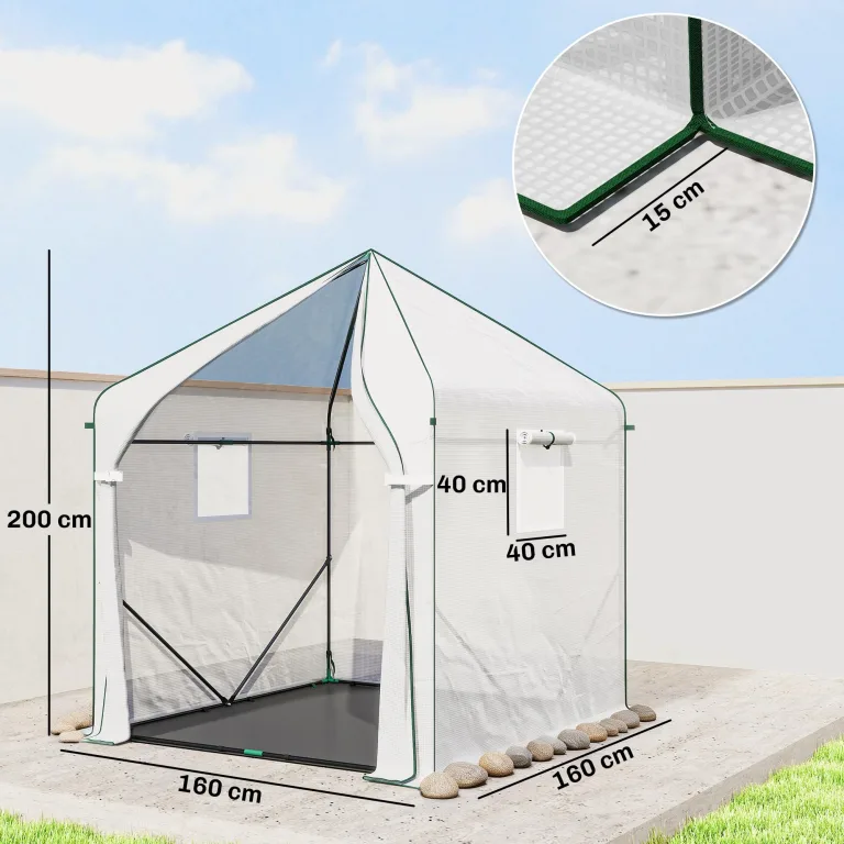 Outsunny 160 x 160 x 200 cm Begehbares Gewächshaus für den Außenbereich mit verstärktem Stahlrahmen und PE-Abdeckung, großes Pflanzenhaus mit Rolltür und 3 Netzfenstern, mit PE-Bodenabdeckung, weiß – Bild 7