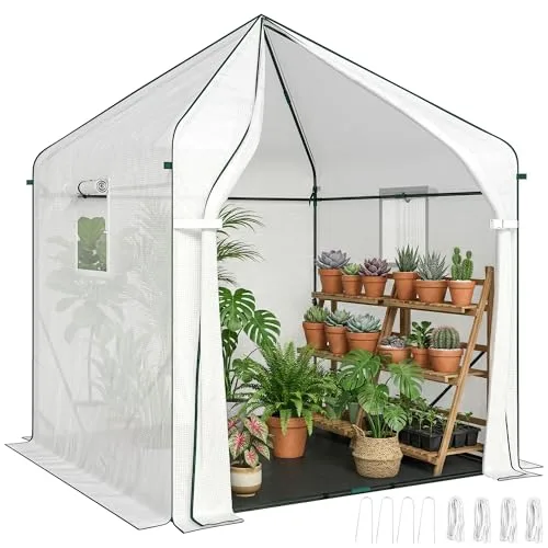 Outsunny 160 x 160 x 200 cm Begehbares Gewächshaus für den Außenbereich mit verstärktem Stahlrahmen und PE-Abdeckung, großes Pflanzenhaus mit Rolltür und 3 Netzfenstern, mit PE-Bodenabdeckung, weiß – Bild 10