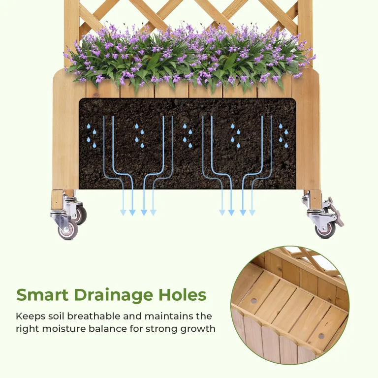 Rankgitter Pflanzkasten mit Rollen, Holz Hochbeet mit Spalier, wetterbeständiger Pflanzenkübel mit Drainagelöchern, mobiler Blumenkasten für Garten, Balkon & Terrasse, 49x28x116cm-Hellbraun – Bild 6