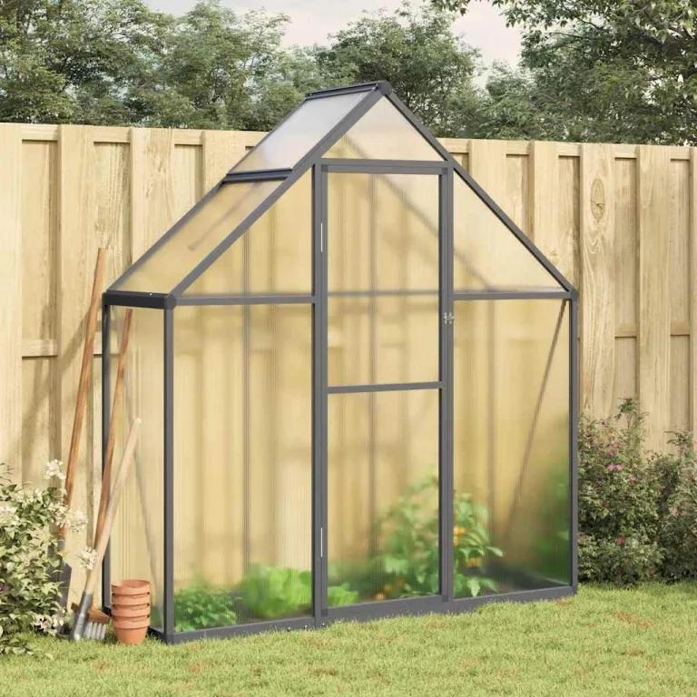 Hommdiy Gewächshaus mit Fundamentrahmen Silbern 169x114x202 cm Alu Pflanzenhaus mit Dachrinnensystem Flügeltür Treibhaus für Pflanzen Frühbeet – Bild 10