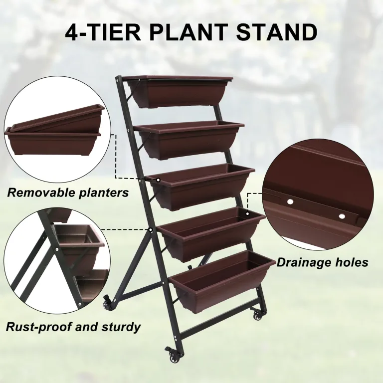 BIGTREE Hochbeet - Pflanzbeet aus Metall mit 5 Etagen - Blumentreppe Pflanztreppe mit Rollen 65x65x135cm - Gemüsebeet & Kräuterhochbeet für Balkon, Terrasse und Garten – Bild 4