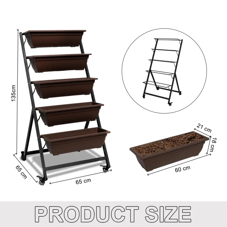 BIGTREE Hochbeet - Pflanzbeet aus Metall mit 5 Etagen - Blumentreppe Pflanztreppe mit Rollen 65x65x135cm - Gemüsebeet & Kräuterhochbeet für Balkon, Terrasse und Garten – Bild 6