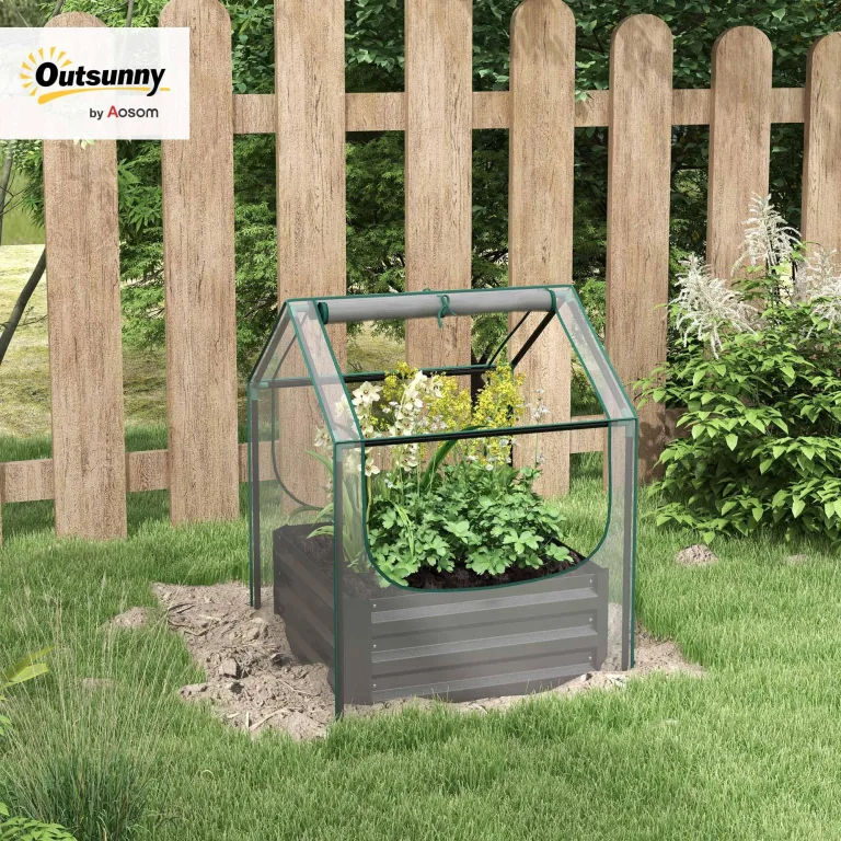 Outsunny Quadratischer Gartenbeet mit Mini-Gewächshaus, Hochbeet, Blumenkasten aus verzinktem Stahl, für Kräuter und Gemüse im Garten, Balkon, Terrasse, Dunkelgrau – Bild 2