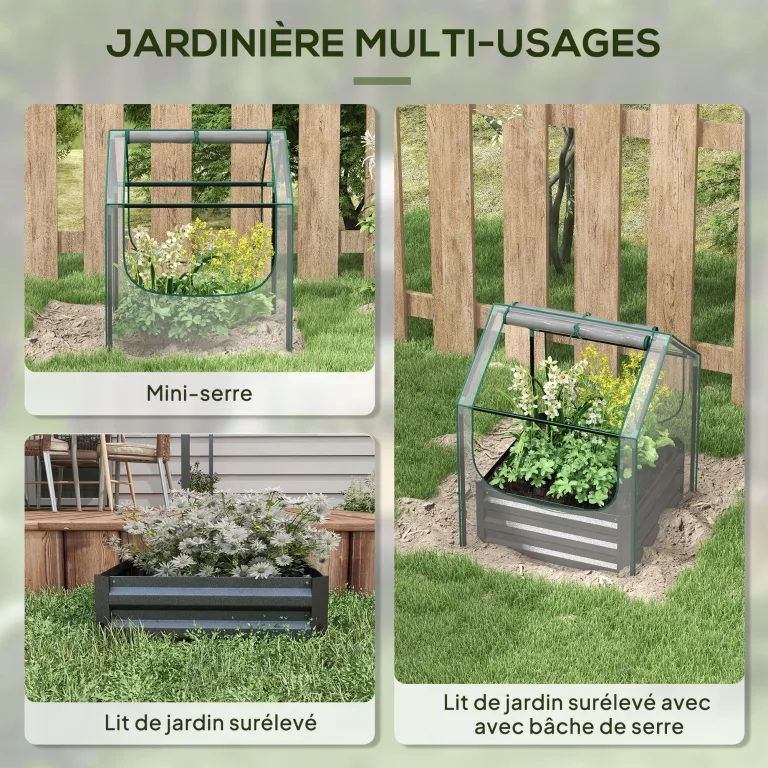 Outsunny Quadratischer Gartenbeet mit Mini-Gewächshaus, Hochbeet, Blumenkasten aus verzinktem Stahl, für Kräuter und Gemüse im Garten, Balkon, Terrasse, Dunkelgrau – Bild 3