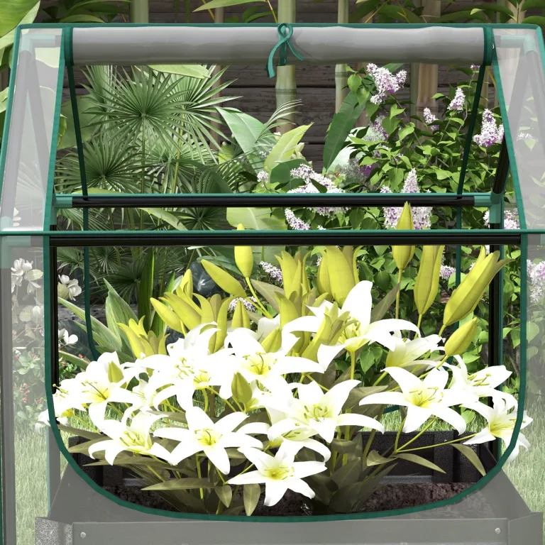 Outsunny Quadratischer Gartenbeet mit Mini-Gewächshaus, Hochbeet, Blumenkasten aus verzinktem Stahl, für Kräuter und Gemüse im Garten, Balkon, Terrasse, Dunkelgrau – Bild 9