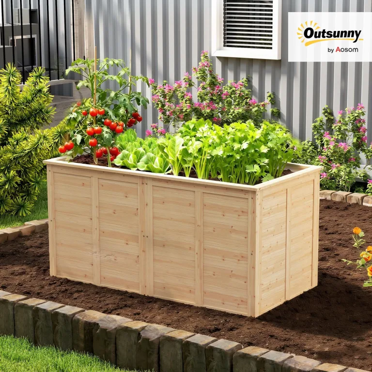 Outsunny Hochbeet Holz 152 x 77 x 77 cm Erhöhtes Tief Kräuterbeet mit Offenem Boden Verstärkungsstangen Pflanzkasten wetterfest Pflanzkübel für Außenbereich Garten Balkon Naturholz – Bild 2