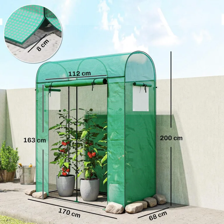 Outsunny Tomatengewächshaus Foliengewächshaus mit Rolltor Netzfenster Bogendach 170 x 68 x 200 cm Stabil Treibhaus mit PE-Folie Erdhaken Tomatenhaus Gewächshaus für Garten, Balkon, Terrasse Grün – Bild 7