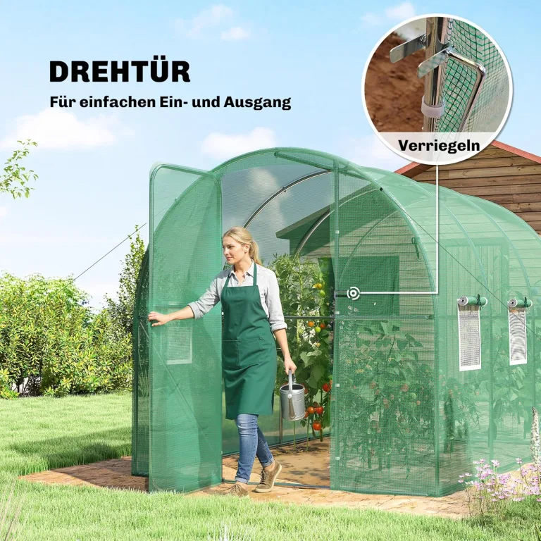 Outsunny Gewächshaus 3 x 2 x 2 m Foliengewächshaus mit Abschließbar Anschlag-Tür 6 Rollbar Netzfenster Stützstangen Verlängerte Kanten, UV-beständig Folientunnel, Winterfest Tomatenhaus, Grün – Bild 4