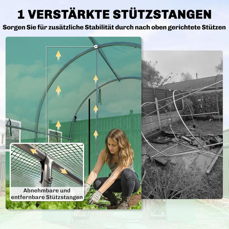 Outsunny Gewächshaus 3 x 2 x 2 m Foliengewächshaus mit Rollbar 2 Reißverschlusstür & 6 Netzfenster Stützstangen Verlängerte Kanten, UV-beständig Folientunnel, Winterfest Tomatenhaus, Grün – Bild 3