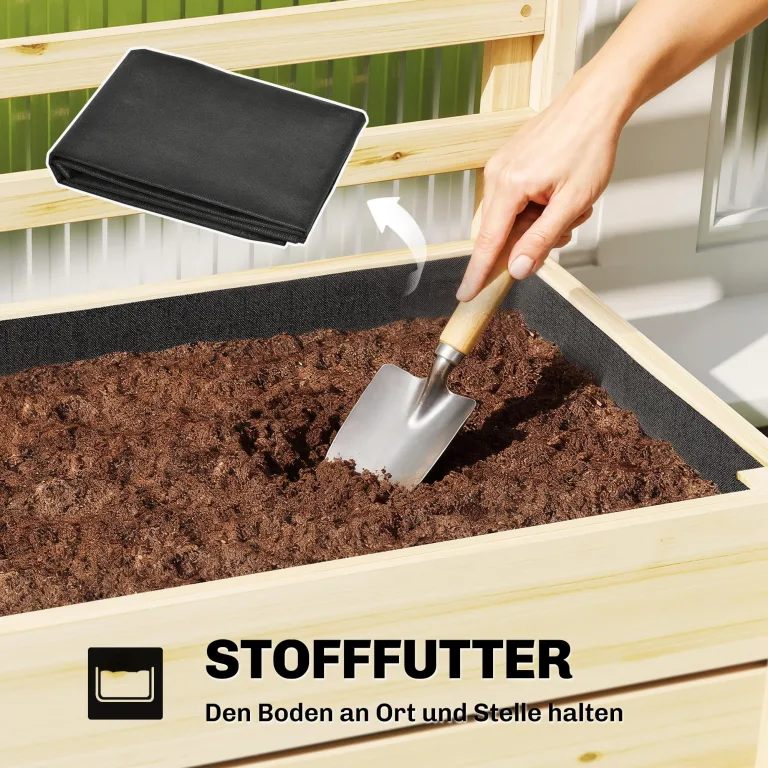 Outsunny Hochbeet mit Rankgitter Holz erhöhter Blumenkasten mit Spalier Abflussloch Vliesstoff, Pflanzkasten Pflanzkübel Blumenkübel Rankkasten für Kletterpflanzen Garten 60 x 39 x 120 cm Naturholz – Bild 6