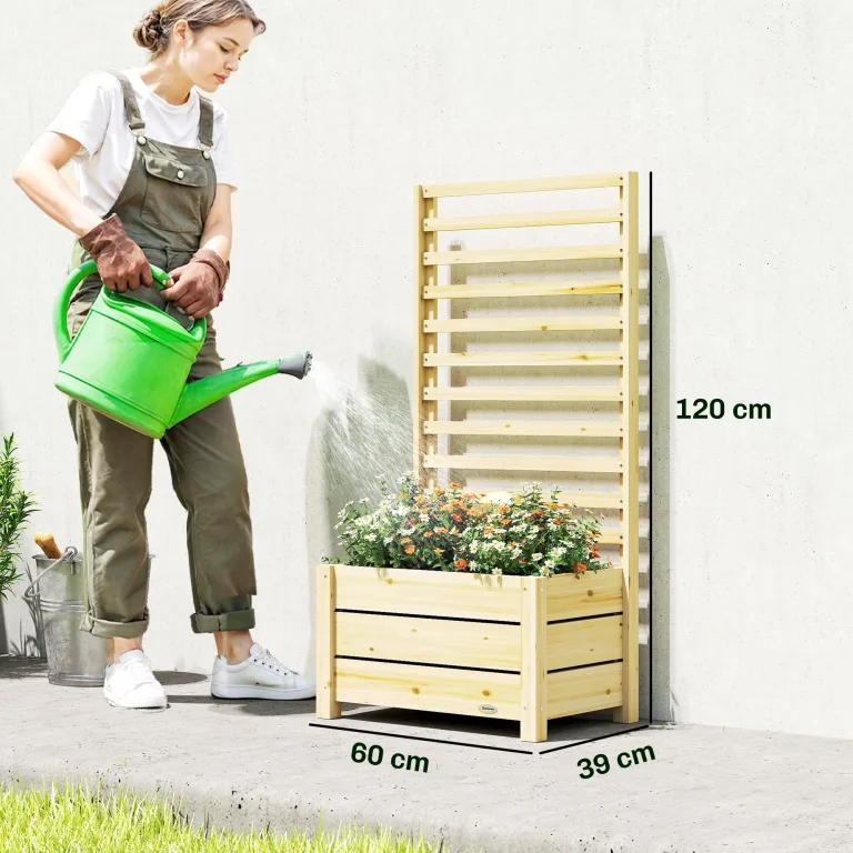 Outsunny Hochbeet mit Rankgitter Holz erhöhter Blumenkasten mit Spalier Abflussloch Vliesstoff, Pflanzkasten Pflanzkübel Blumenkübel Rankkasten für Kletterpflanzen Garten 60 x 39 x 120 cm Naturholz – Bild 7