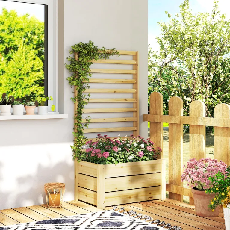Outsunny Hochbeet mit Rankgitter Holz erhöhter Blumenkasten mit Spalier Abflussloch Vliesstoff, Pflanzkasten Pflanzkübel Blumenkübel Rankkasten für Kletterpflanzen Garten 60 x 39 x 120 cm Naturholz – Bild 9