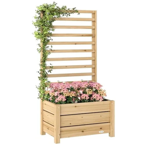 Outsunny Hochbeet mit Rankgitter Holz erhöhter Blumenkasten mit Spalier Abflussloch Vliesstoff, Pflanzkasten Pflanzkübel Blumenkübel Rankkasten für Kletterpflanzen Garten 60 x 39 x 120 cm Naturholz – Bild 10