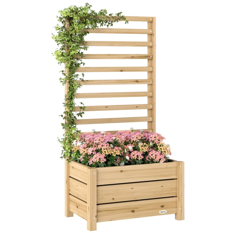 Outsunny Hochbeet mit Rankgitter Holz erhöhter Blumenkasten mit Spalier Abflussloch Vliesstoff, Pflanzkasten Pflanzkübel Blumenkübel Rankkasten für Kletterpflanzen Garten 60 x 39 x 120 cm Naturholz – Bild 1