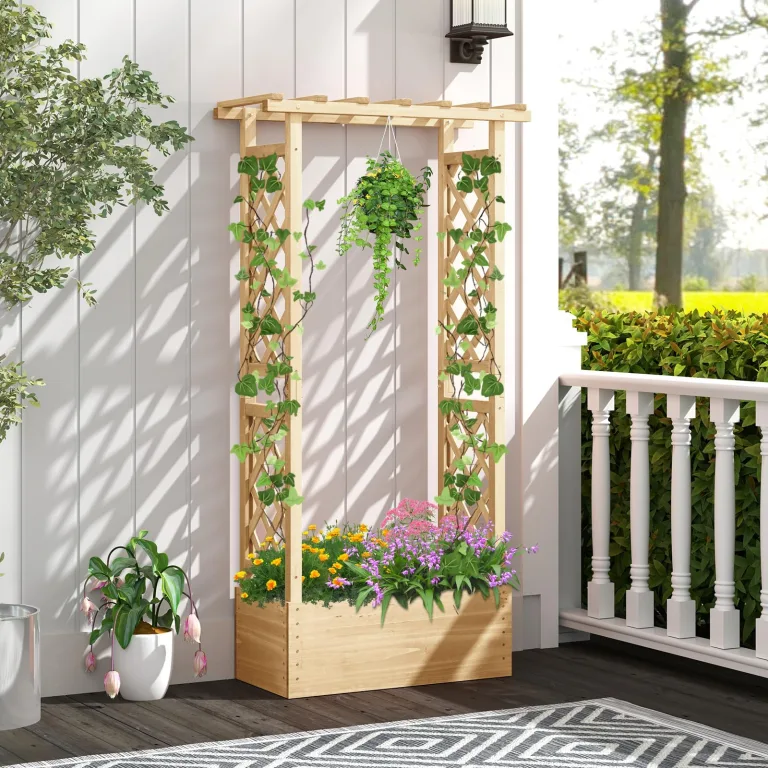 COSTWAY Blumenkasten mit Rankgitter & hängendem Dach, Pflanzkasten mit Rankhilfe, Hochbeet für Kletterpflanzen & hängende Körbe, für Garten Hof Terrasse, Pflanzkübel Holz, Natur, 66x32x152cm – Bild 2
